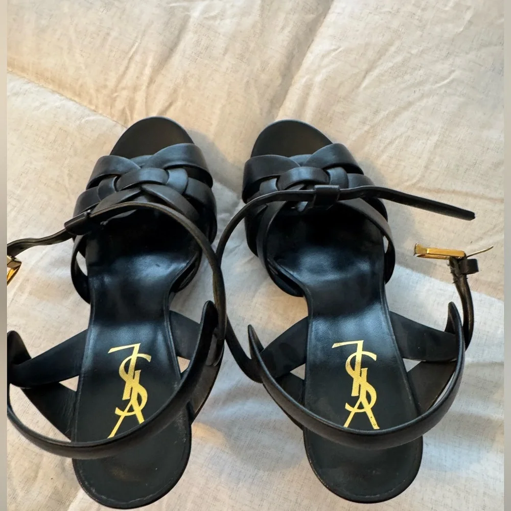 Saint Laurent Black Leather Strappy Platform Heels with Gold Logo - Picture 7 of 14
